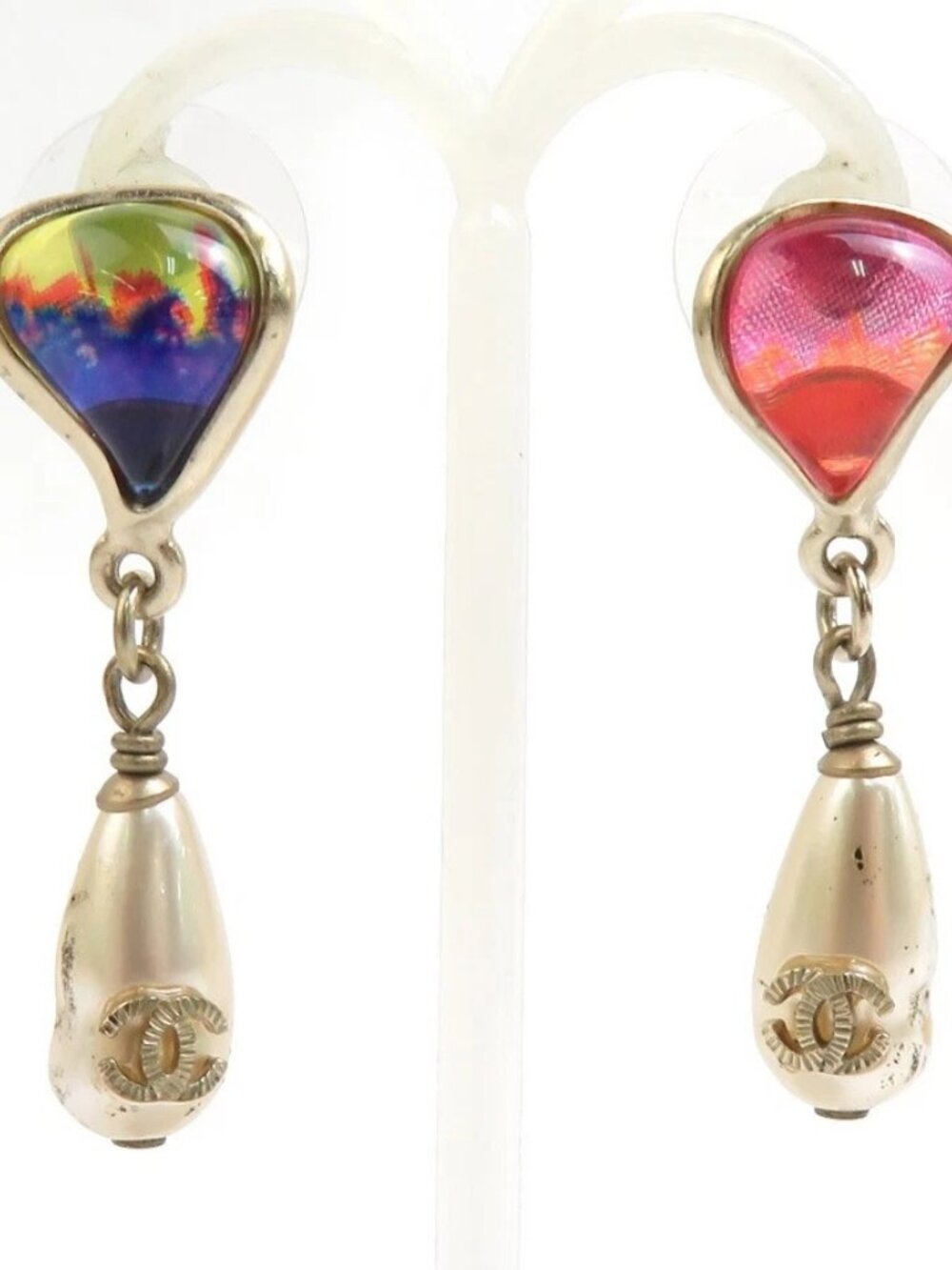 CHANEL CC Logo Pierce Earrings Gold/White/Multicolor Metal